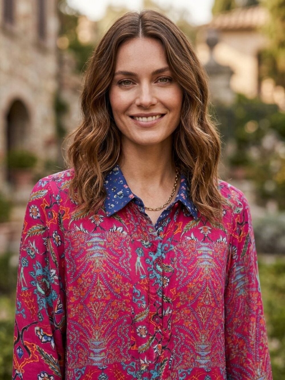 BENARES Pink & Blue Paisley Floral Silk Button Down Blouse | Size Small (S)